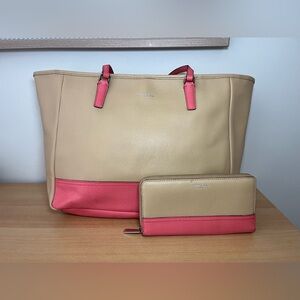 Coach SET Carmel/Coral Color Block Saffiano Leather Tote Shoulder Bag & Wallet